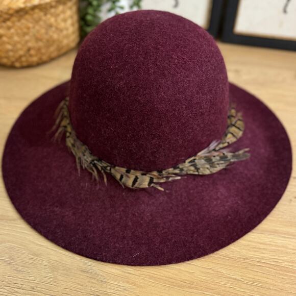 HINGE Nordstrom Feather Trimmed Floppy Wool Hat One Size Burgundy Tan Adjustable - Picture 4 of 8